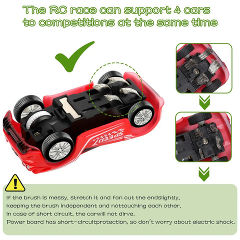 Red car from Epic Slot Car Race Track Set with 23 Foot Track, 4 Cars, showing underside and assembly details.