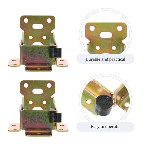 Front view: VILLCASE folding hinge brackets for table legs; zinc-plated iron, 2 pcs with mounting holes and black knob