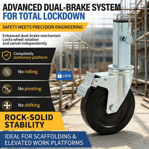Close-up of No Nonsense Heavy Duty Scaffolding Casters 5 Inch with dual brakes, showcasing locking mechanism and sturdy construction.