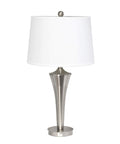 Tapered 3 Lamp Set With White Fabric Shades In Brushed Nickel, Table Lamp Close-up, Ideal for Living Room or Bedroom