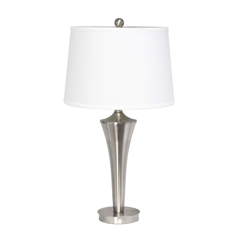 Tapered 3 Lamp Set With White Fabric Shades In Brushed Nickel, Table Lamp Close-up, Ideal for Living Room or Bedroom