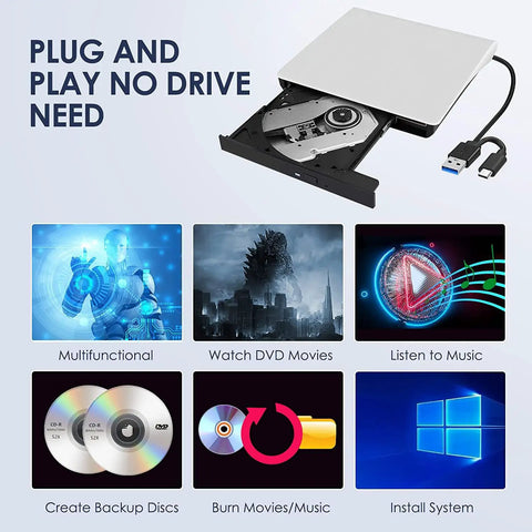 Ultra Portable USB 3.0 External CD DVD Drive For Laptops Type C No Driver Needed Plug And Play, slim silver USB-C drive