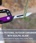 Close-up of Six In One EDC Multitool Carabiner Knife With Replaceable Blade Integrated Saw cutting rope outdoors