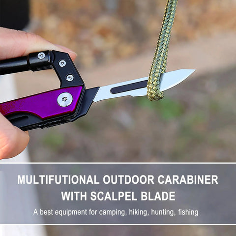 Close-up of Six In One EDC Multitool Carabiner Knife With Replaceable Blade Integrated Saw cutting rope outdoors