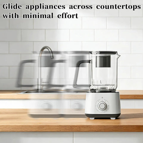 Eight Pack Heavy Duty Appliance Sliders With Super Grip Adhesive Tape For Kitchen Countertops Coffee Maker Blender Oven Glide Smooth As Butter Zero Hassle Setup White on countertop with blender