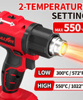 Cordless Heat Gun With Fast Heat Up, Two Temp Settings, Up To 550 C showing high temperature setting and heat emission