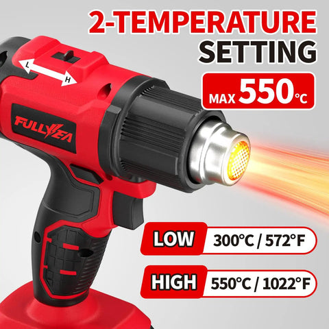 Cordless Heat Gun With Fast Heat Up, Two Temp Settings, Up To 550 C showing high temperature setting and heat emission