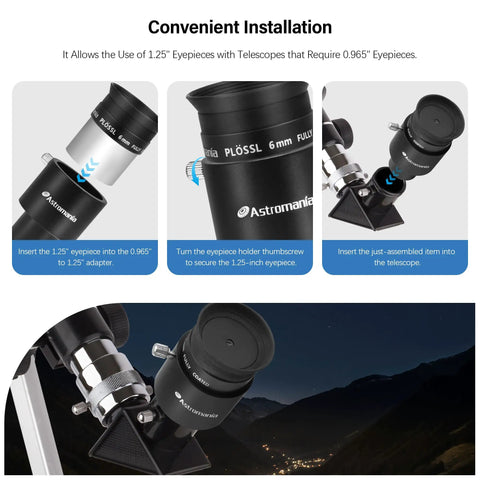 0.965 To 1.25 Inch Eyepiece Adapter For Telescopes Use 1.25 Inch Eyepieces In 0.965 Inch Focusers All Metal Aluminum Anodized Construction Durable Precise Fit For Diagonals, Holders, And Accessory Gear