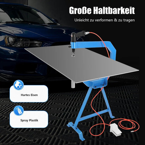 Badass Pneumatic Planishing Hammer With One Two Three Inch Anvils And Cast Iron Stand Featuring Foot Pedal Control For Auto Body Dent Repair And Sheet Metal Shaping On Steel Aluminum And Stainless