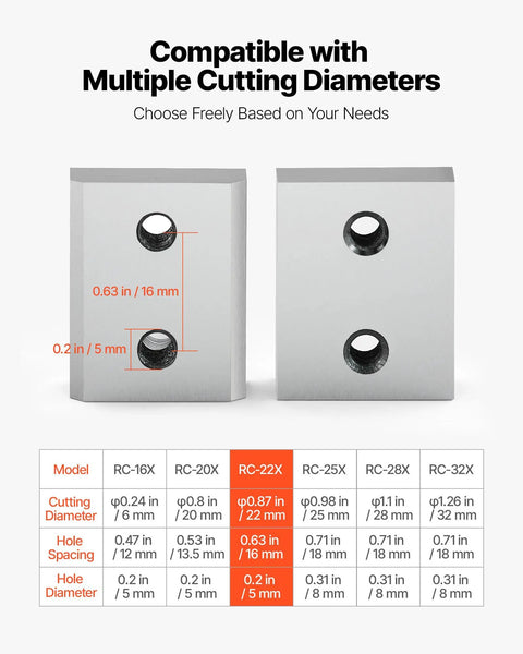 VEVOR 6Pcs Electric Rebar Cutter Replacement Jaw Blades For 22mm #7 Steel Rod CR12MOV size and hole diameter specifications.