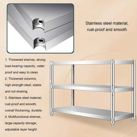 Close-up of Heavy Duty Two Tier Stainless Steel Storage Rack Rust Resistant Boss Rack showing thick shelves and strong support.