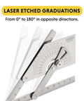 Stainless Steel Protractor and Angle Finder 0 to 180 Degrees with laser etched graduations and locking nut, showing angle range.