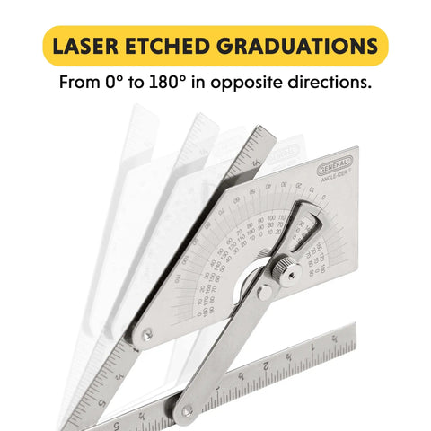 Stainless Steel Protractor and Angle Finder 0 to 180 Degrees with laser etched graduations and locking nut, showing angle range.