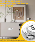 Front view of Keyless Combination Lock 2 Pack Sliding Door Latch for cabinets, silver rotary lock close-up, numeric passcode shown.