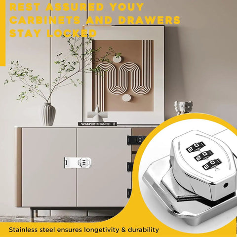 Front view of Keyless Combination Lock 2 Pack Sliding Door Latch for cabinets, silver rotary lock close-up, numeric passcode shown.