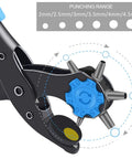 Close-up of Leather Hole Punch Plier Kit With Revolving Punch Tool showing 6 adjustable hole sizes from 2mm to 4.5mm