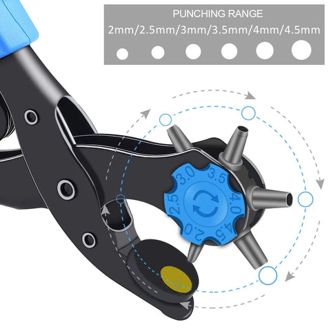 Close-up of Leather Hole Punch Plier Kit With Revolving Punch Tool showing 6 adjustable hole sizes from 2mm to 4.5mm