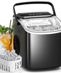 Countertop Ice Maker With Handle Delivers 9 Bullet Ice Cubes In 6 Minutes, Up To 26 Lbs Per Day; includes basket, scoop, and drink