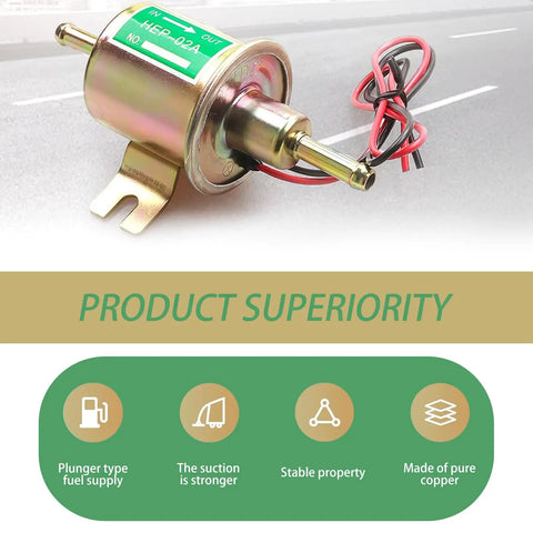 Heavy Duty Low Pressure Fuel Pump For Trucks And Cars 12 Volt Piston Moves Gas Like A Dream Solid Build Fuel pump side view with wires.