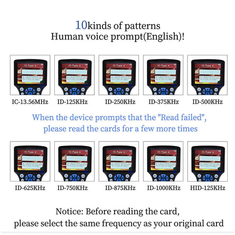 Multi Frequency RFID Reader Writer Kit With Free Software And USB For Easy Access Control And Home Security Reads And Writes HID And Other Cards Your Go To RFID Copier For Smart Cards And Gate Access That Just Works displaying frequency options and human voice prompt feature.