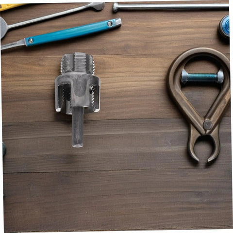 Heavy-Duty 3PC Pipe Threader Tool Kit For Plastic And Metal Water Pipes Steel construction threader tool on wooden surface.