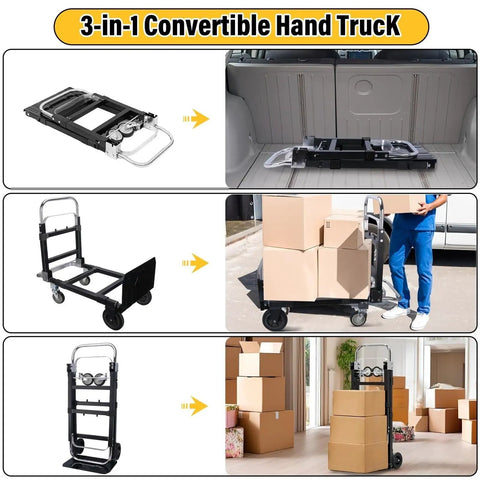 3 In 1 Folding Hand Truck And Convertible Dolly For Moving Heavy Loads Anywhere With Smooth Silent Rubber Wheels And Two 6 Inch Wheels Plus Two 4 Inch 360 Degree Swivel Wheels Ready To Roll For Easy Transport, folded flat in car trunk