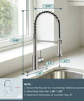 Kitchen Faucets with Pull Down Sprayer, Brushed Nickel showing dimensions, with sleek design and flexible spout for kitchen use.