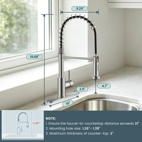 Kitchen Faucets with Pull Down Sprayer, Brushed Nickel showing dimensions, with sleek design and flexible spout for kitchen use.