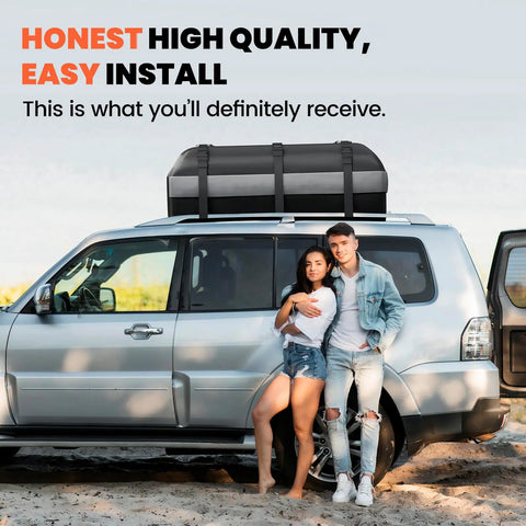 Couple with Rooftop Cargo Bag for Cars Waterproof 21 Cubic Feet on silver SUV parked on sand.