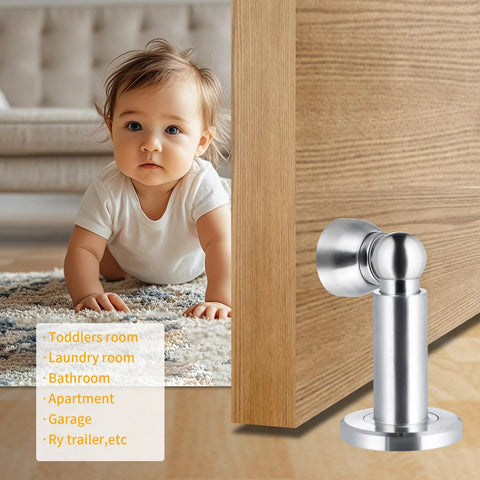 Heavy Duty Magnetic Door Stopper For Wall And Bottom Of Door With Adjustable Height From 3.15 To 4.8 Inches Windproof Anti Slip Stainless Steel SUS304 One Piece Construction Durable Premium Door Hardware For Home Office And Commercial Use installed on door, with baby crawling nearby.