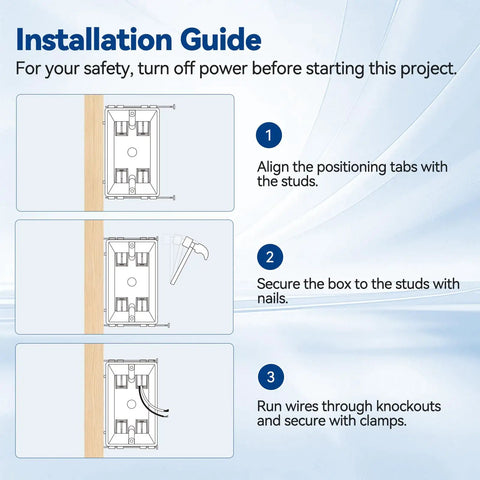 Installation guide for 1 Gang New Work PVC Electrical Box For Switch GFCI And Dimmer Installations 22 Cubic Inch UL Listed