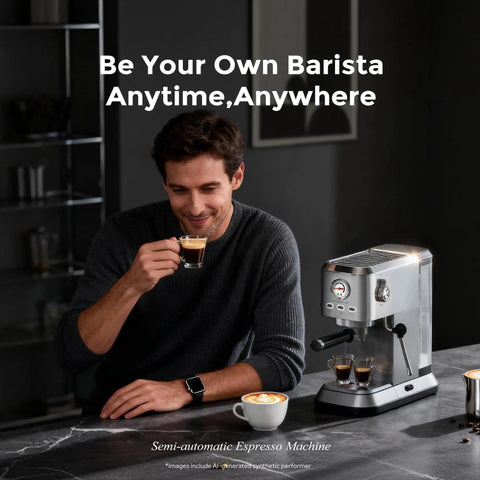 Zero Hassle Compact Espresso Maker With Milk Frother, 20 Bar Pump Delivers Quick Shots, 50 Ounce Tank on countertop with person drinking espresso.