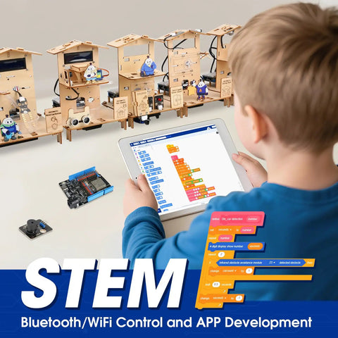 5 In 1 ESP32 STEM Kits For Kids Aged 8 To 12 Wooden 3D Puzzle Toys That Build Cool Smart Home Projects Educational Science And Coding Kit For Students Engineering Model Kit Gift For Teens Boys And Girls Hands On Learning Fun, child using tablet