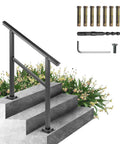 Heavy Duty Aluminum Outdoor Stair Handrail Rock Solid Deck Railing Adjustable Angles Supports Two To Three Steps Includes Knockout Mounting Kit Porch Safety Bar on steps with installation tools.