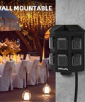 Outdoor Remote Control Power Strip with 100 Foot Waterproof Extension Cord and Six Independently Controlled Grounded Outlets for Outdoor Decor, wall-mounted in an outdoor setting.