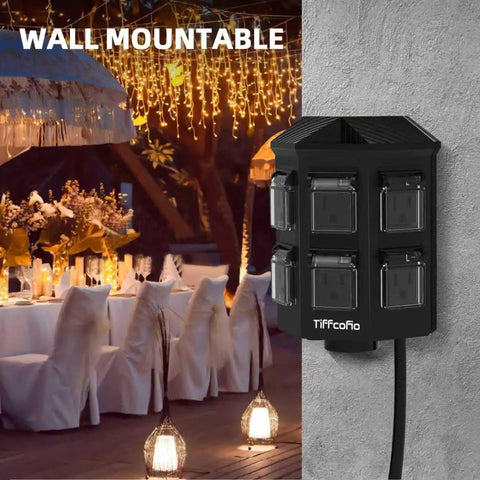 Outdoor Remote Control Power Strip with 100 Foot Waterproof Extension Cord and Six Independently Controlled Grounded Outlets for Outdoor Decor, wall-mounted in an outdoor setting.