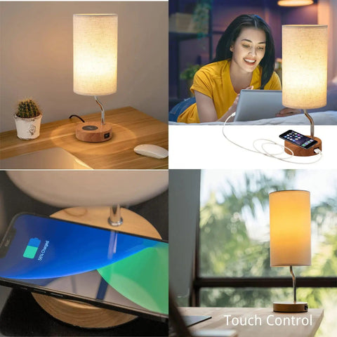 Collage of Upgraded Smart Bedside Table Lamp With Wireless Charger And USB Port For Bedroom And Living Room Touch Control LED Desk Lamp Dimmable Wooden Nightstand Light With Fabric Shade In Cream showing features from different angles.