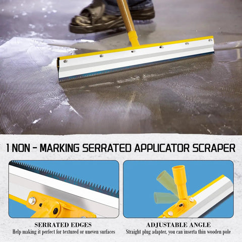 Non-marking serrated applicator scraper with adjustable angle from Spiked Roller Tool Kit For Self Leveling Epoxy Floors.
