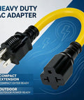 Heavy Duty 12 Awg Nema Four In One Adapter Cable Electrical Power Extension Cord With 15 Amp 125 Volt Plug showcasing yellow flexible cable.