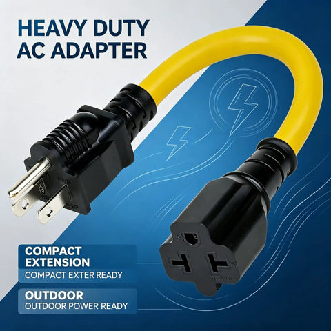 Heavy Duty 12 Awg Nema Four In One Adapter Cable Electrical Power Extension Cord With 15 Amp 125 Volt Plug showcasing yellow flexible cable.