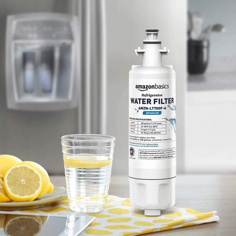 LG LT700P Refrigerator Water Filter Replacement With Advanced Filtration for crisp clean water, shown with lemons and glass on counter.