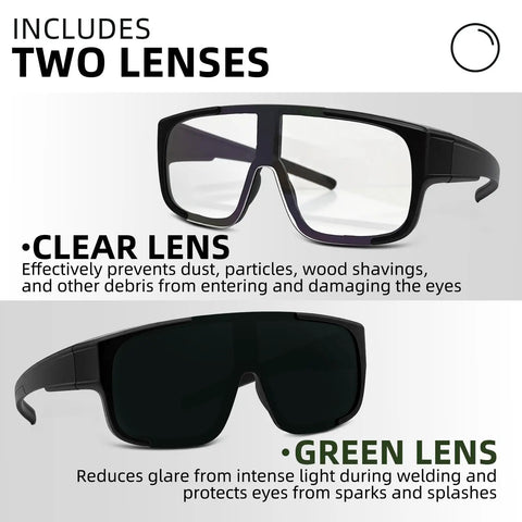 Shade5 Welding Goggles OTG Over Glasses with clear and green lenses, UV Block Swap Lenses, for auto repair and metal fabrication