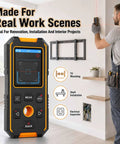 Beam Detector Rangefinder, Stud Finder Wall Scanner Stud Detector with Smart Sensors & Voice Broadcast, Measuring Accuracy ±1.5 Mm & 50 Data Storage, in use for wall measurements and installation.