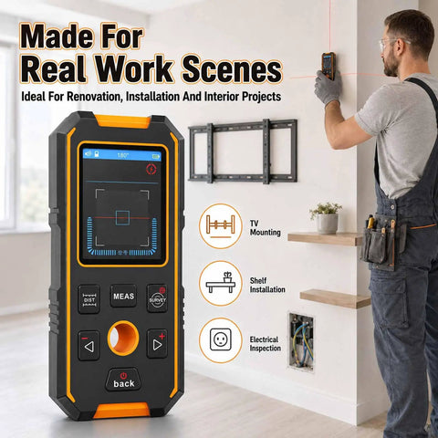 Beam Detector Rangefinder, Stud Finder Wall Scanner Stud Detector with Smart Sensors & Voice Broadcast, Measuring Accuracy ±1.5 Mm & 50 Data Storage, in use for wall measurements and installation.