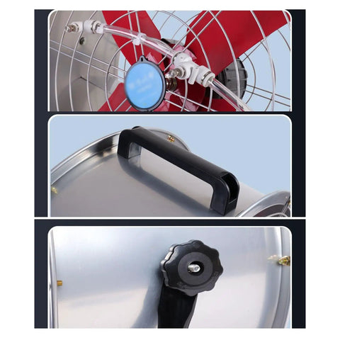 Close-up of Heavy Duty 24 Inch Industrial Floor Fan Built Like A Tank With 360 Degree Swivel Adjustable Head, showing red blades and detailed parts.