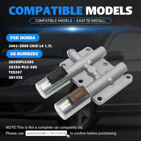 Civic 1.7L Transmission Dual Linear Shift Solenoid Replacement For Honda 2001 To 2005 With Plug And Play Fit And Easy Install 28250PLX305 28250-PLX-305 TCS247 2N1338 Reliable Smooth Shifts. silver dual shift solenoid with connector