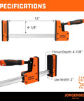 Heavy Duty 12 Inch Parallel Bar Clamps Two Pack Built Like A Tank Steel Tool with dimensions for cabinet building and woodworking.