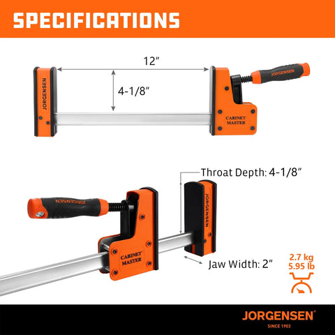 Heavy Duty 12 Inch Parallel Bar Clamps Two Pack Built Like A Tank Steel Tool with dimensions for cabinet building and woodworking.