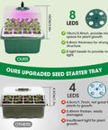 Comparison of 8-LED and 4-LED self watering seed starter trays with silicone 60-cell, highlighting LED and growth space.