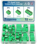 Green 72-Piece PCB Mount Screw Terminal Block Connector Kit With 2 Pin, 3 Pin, And 4 Pin Pitch, 5mm, 300V 10A, in storage case